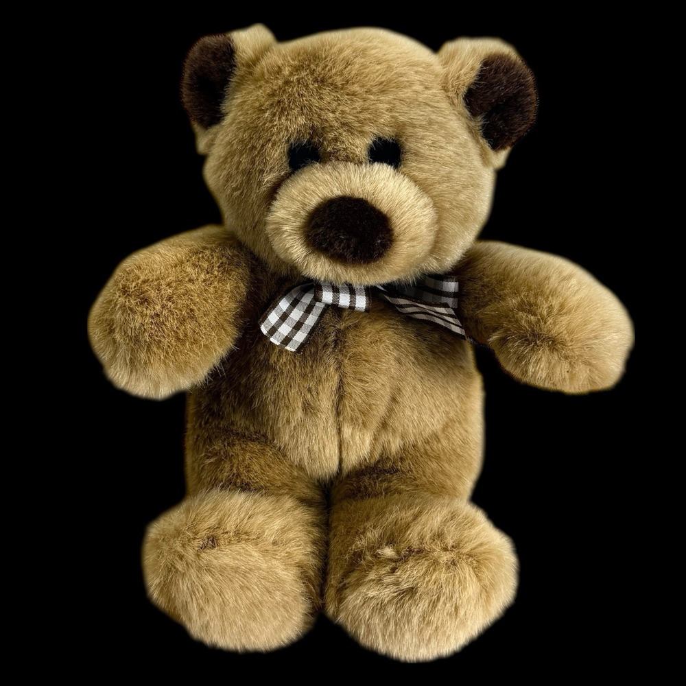 Gund Teddy Bear Brown Beige Brown Checked Bow Stuffed Toy Plush 7" Vintage 90s